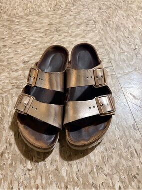 Birkenstock Metallic Rose Gold Double Strap Sandals Side 38